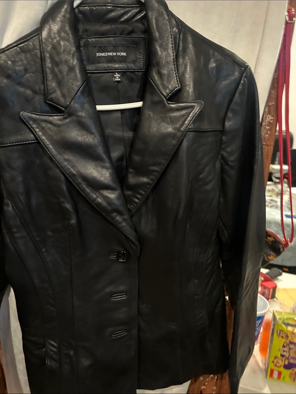 Jones New York Black Leather Blazer Jacket - Tailored Single-Breasted